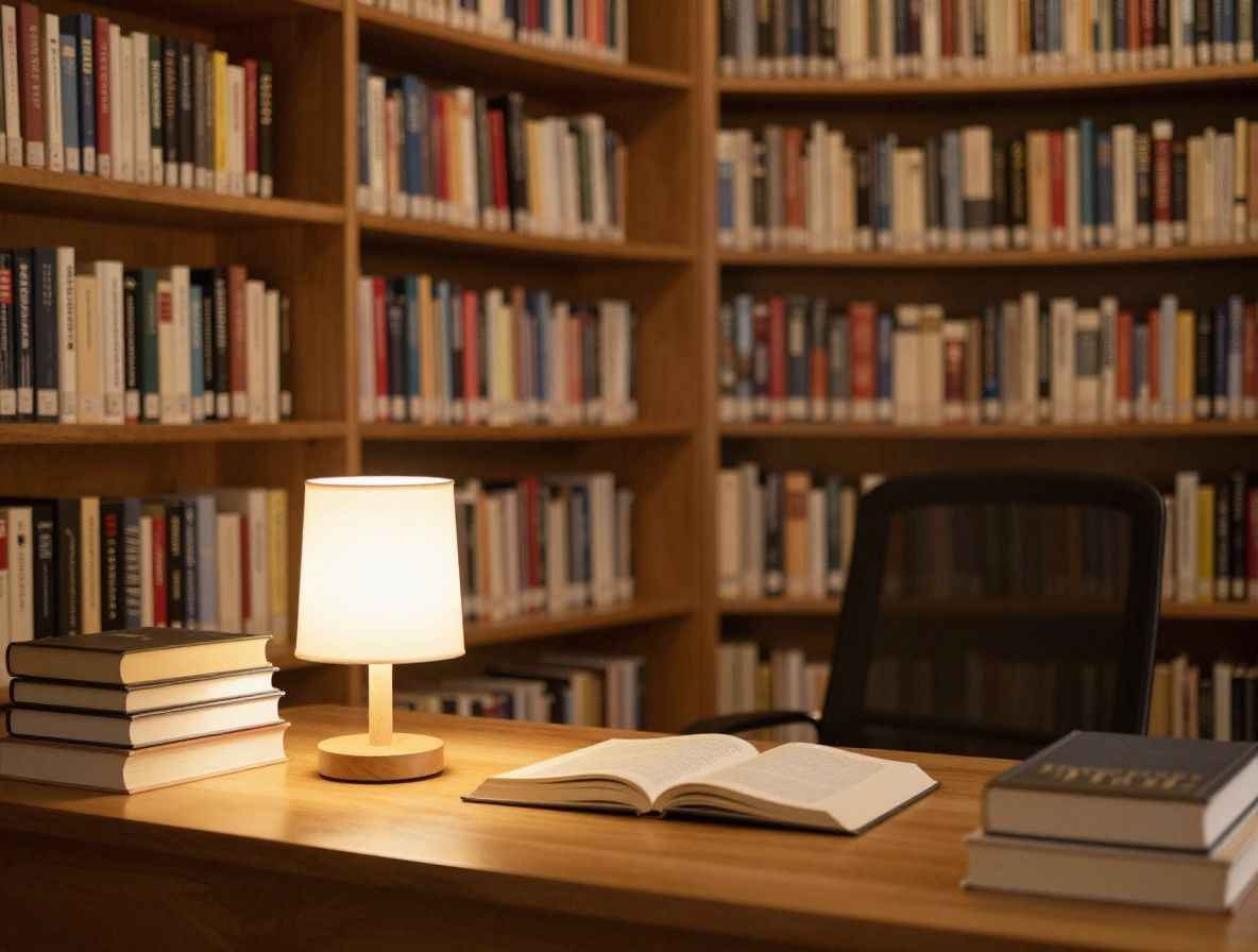 Ruhige Bibliothek mit Holzregalen voller Bücher, warmes Lampenlicht, Schreibtisch mit offenem Buch, ruhige intellektuelle Atmosphäre ohne Personen