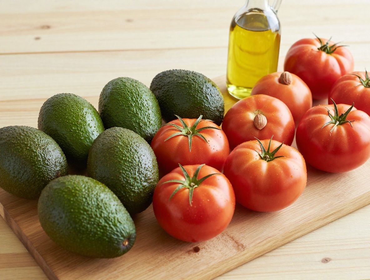 Reichhaltige Auswahl frischer mediterraner Lebensmittel auf einem Holztisch: Avocados, Tomaten, Nüsse, Olivenöl, frisches Gemüse, warmes natürliches Licht