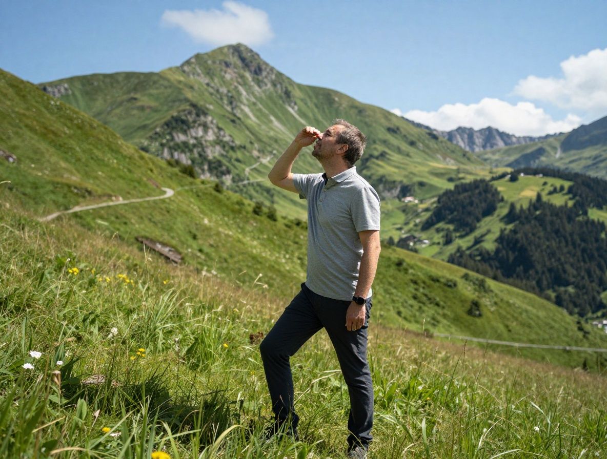 Aktiver Mann mittleren Alters steht auf einem Berggipfel in den Schweizer Alpen, atmet tief durch, Morgenlicht, grüne Bergwiesen, klarer Himmel