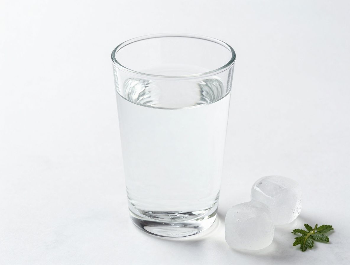Klares Glas Wasser mit Eiswürfeln auf einem weißen Marmortisch, frische Minzblätter daneben, helles sauberes Licht, ruhige Atmosphäre
