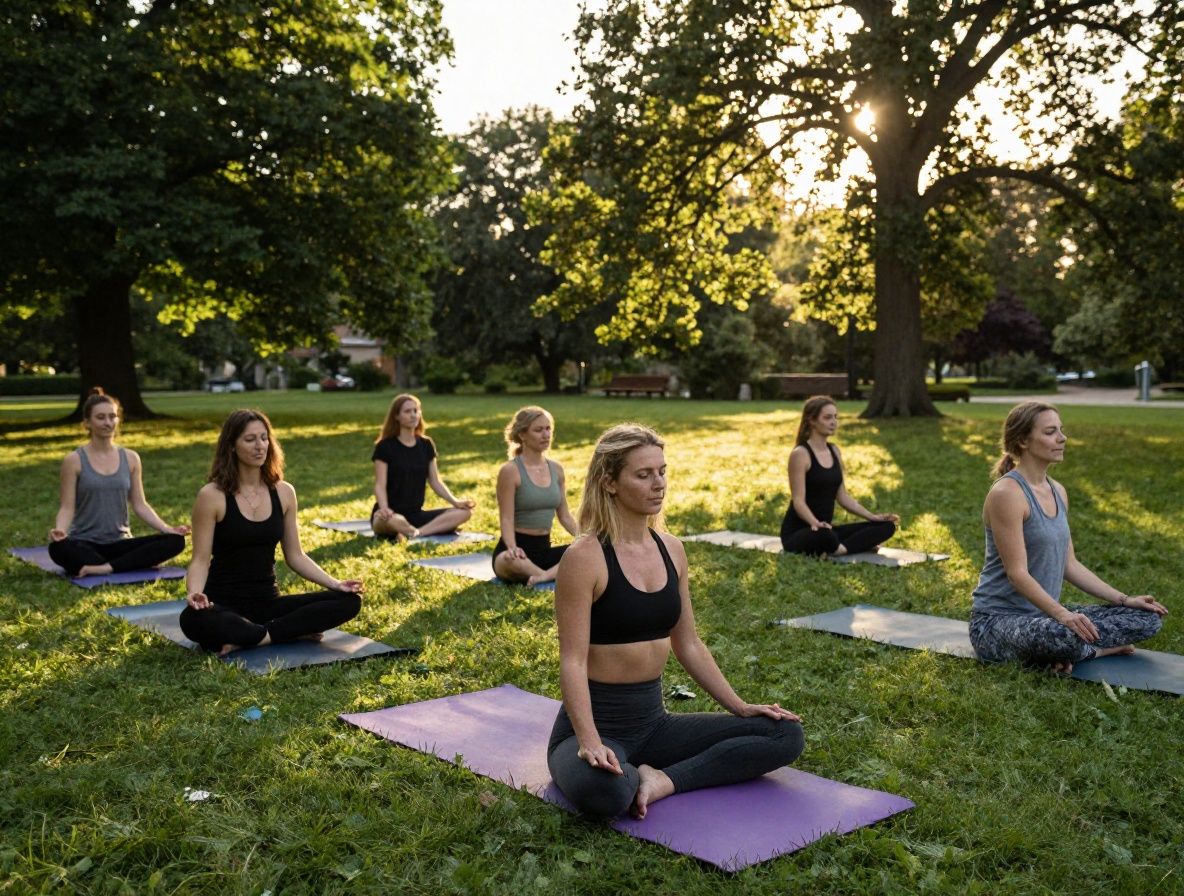 Gruppe von Menschen beim Yoga im Freien in einem Park, Morgensonne, entspannte Atmosphäre, grüne Natur im Hintergrund